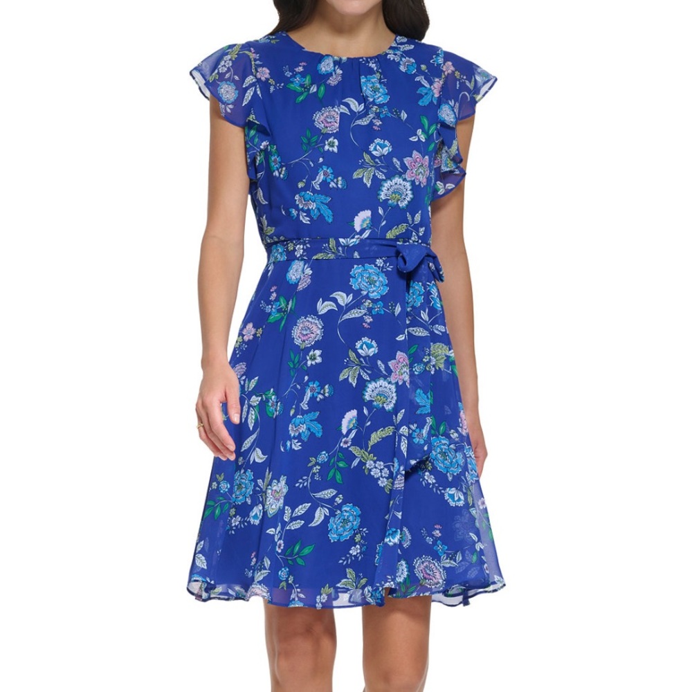 NWT - Jessica Howard Blue Floral Fit & Flare Dress w Flutter Sleeves, 8P